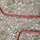 Set of 5 vintage red metal mesh folding chairs, Ted Net style.