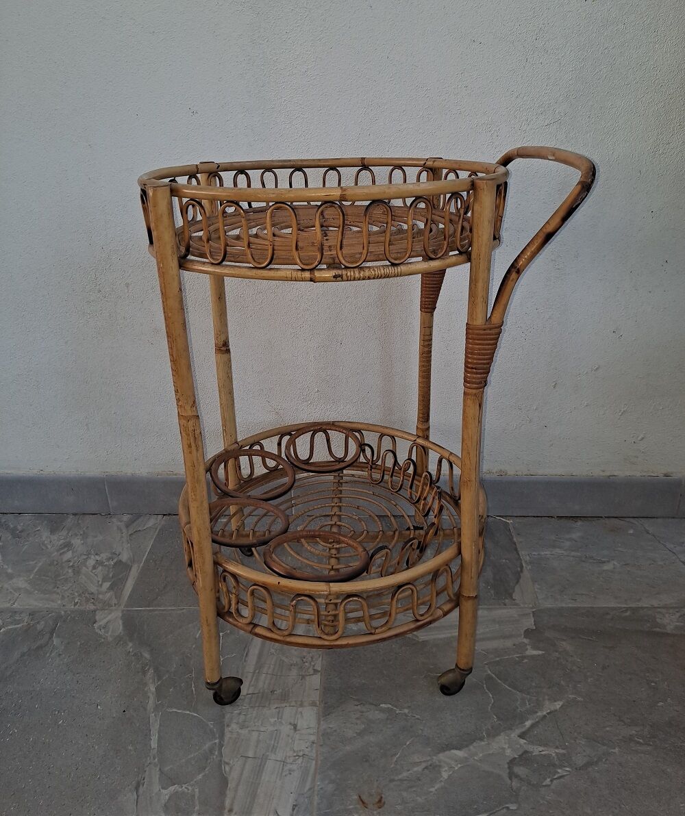 Mid-century Italian Bamboo and Rattan Round Bar Cart