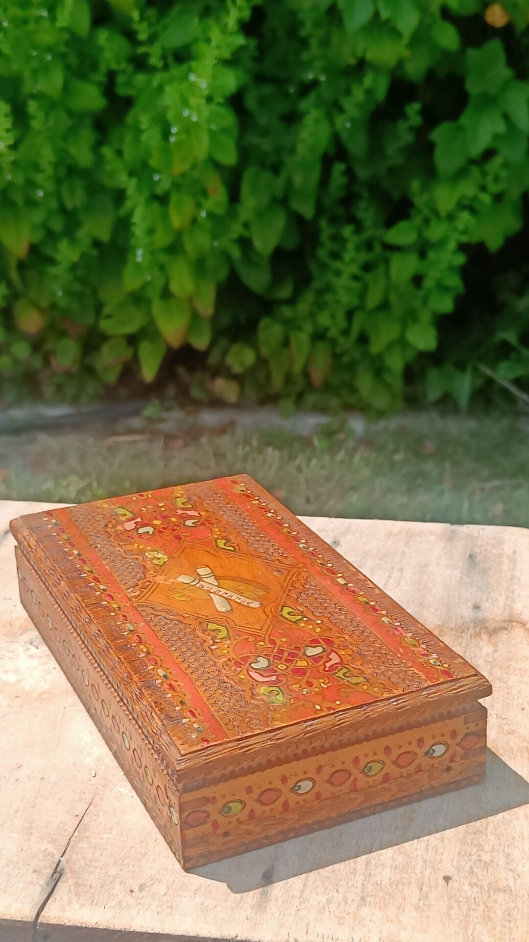 Bulgarian wooden cigarette box, pyrographed and hand-painted.