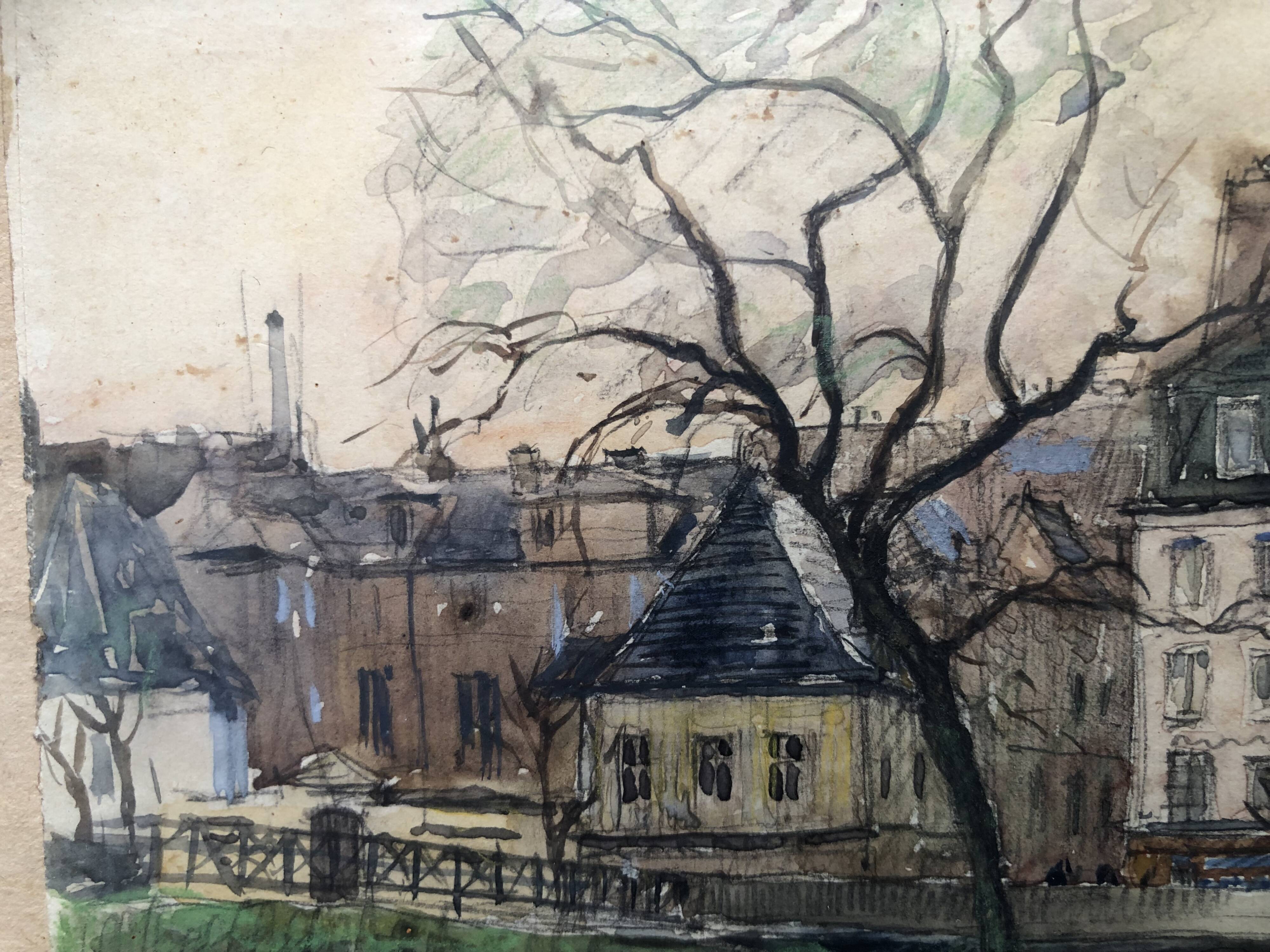 Watercolor on paper: rue des bernardins paris signed rouxel 1944, frame, quai tournelle seine 75