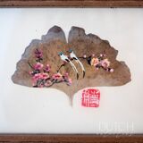 Peinture originale de Ginkgo Biloba, art japonais encadré, fleurs de cerisier
