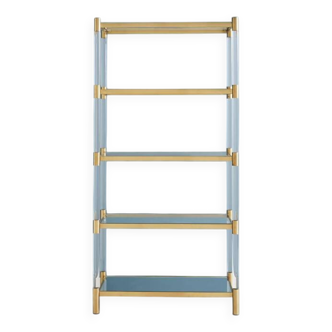 Lucite bookshelf with polished brass-plated stainless steel accents
