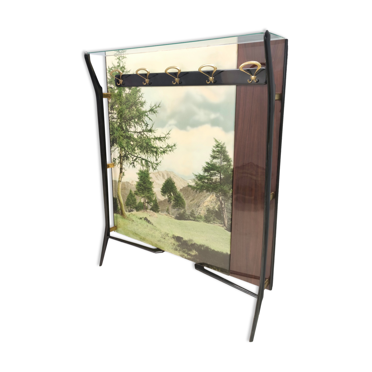 Vintage Ebonized Beech, Brass and Glass Coat Rack with a Landscape, Italy
