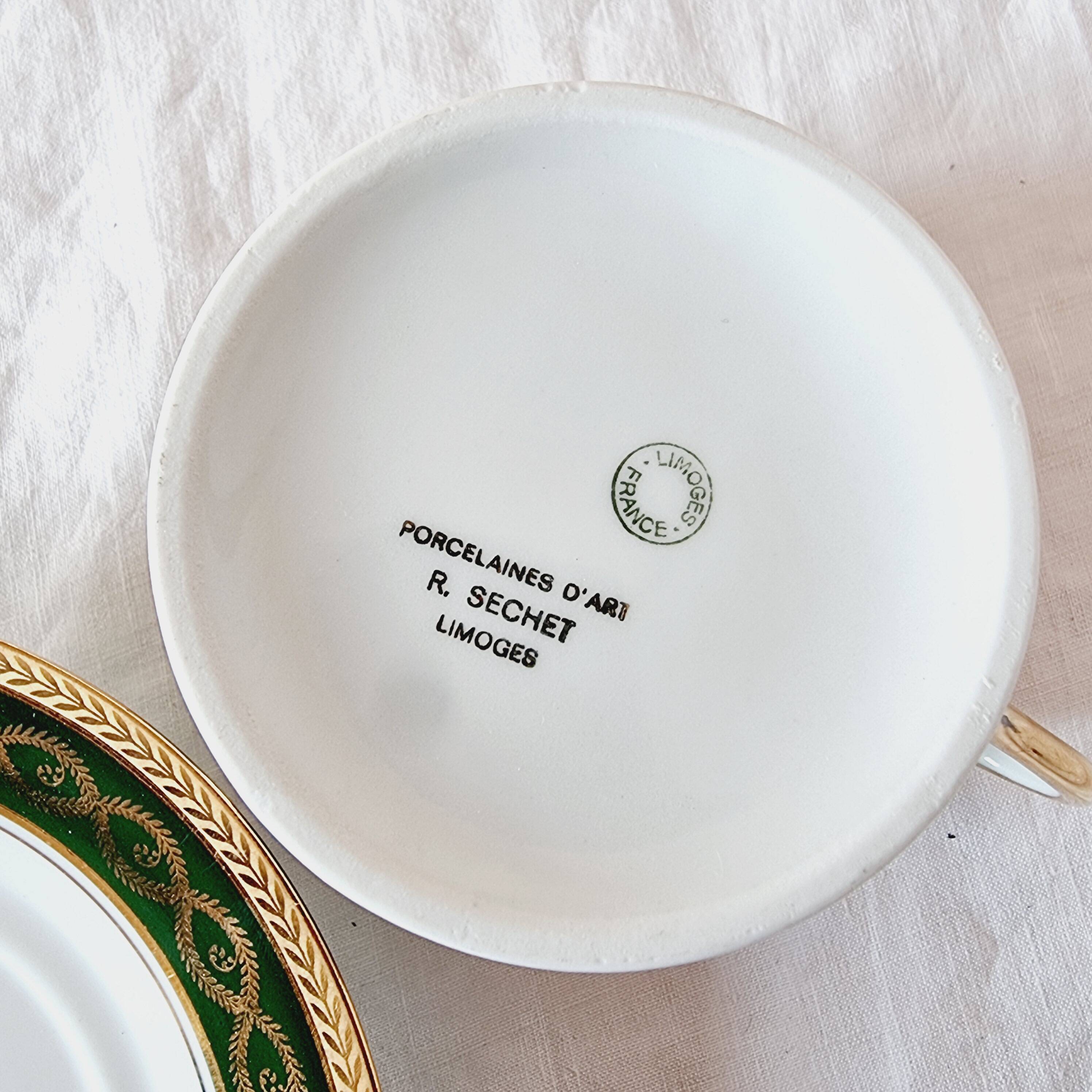 Large Fine Porcelain Cup and Saucer by Artist R. Sechet for Limoges Empire Style Lou