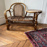 Rattan bench with round shelf