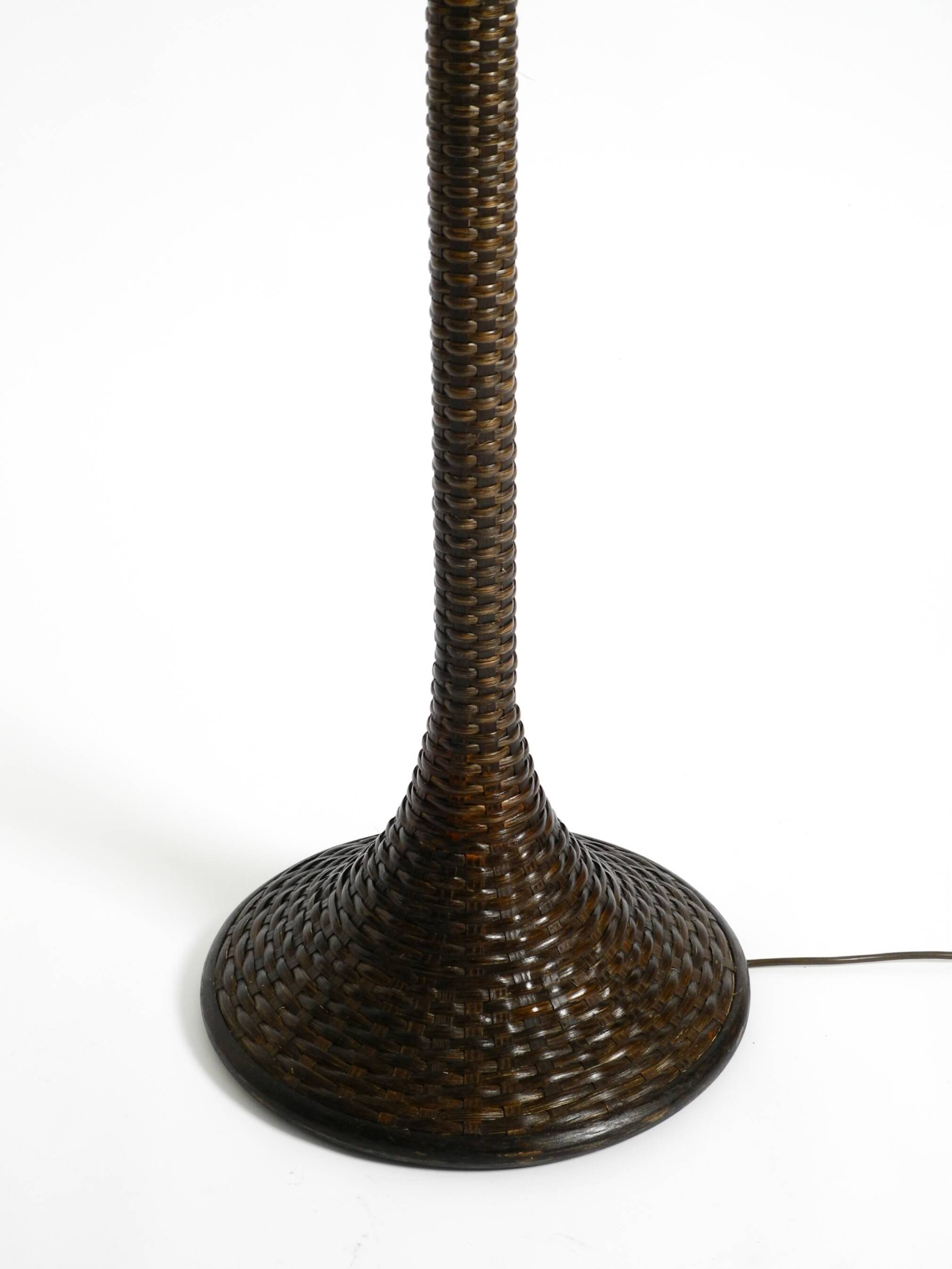 XL 70s Tulip floor lamp with a brown wicker frame and a plexiglass shade