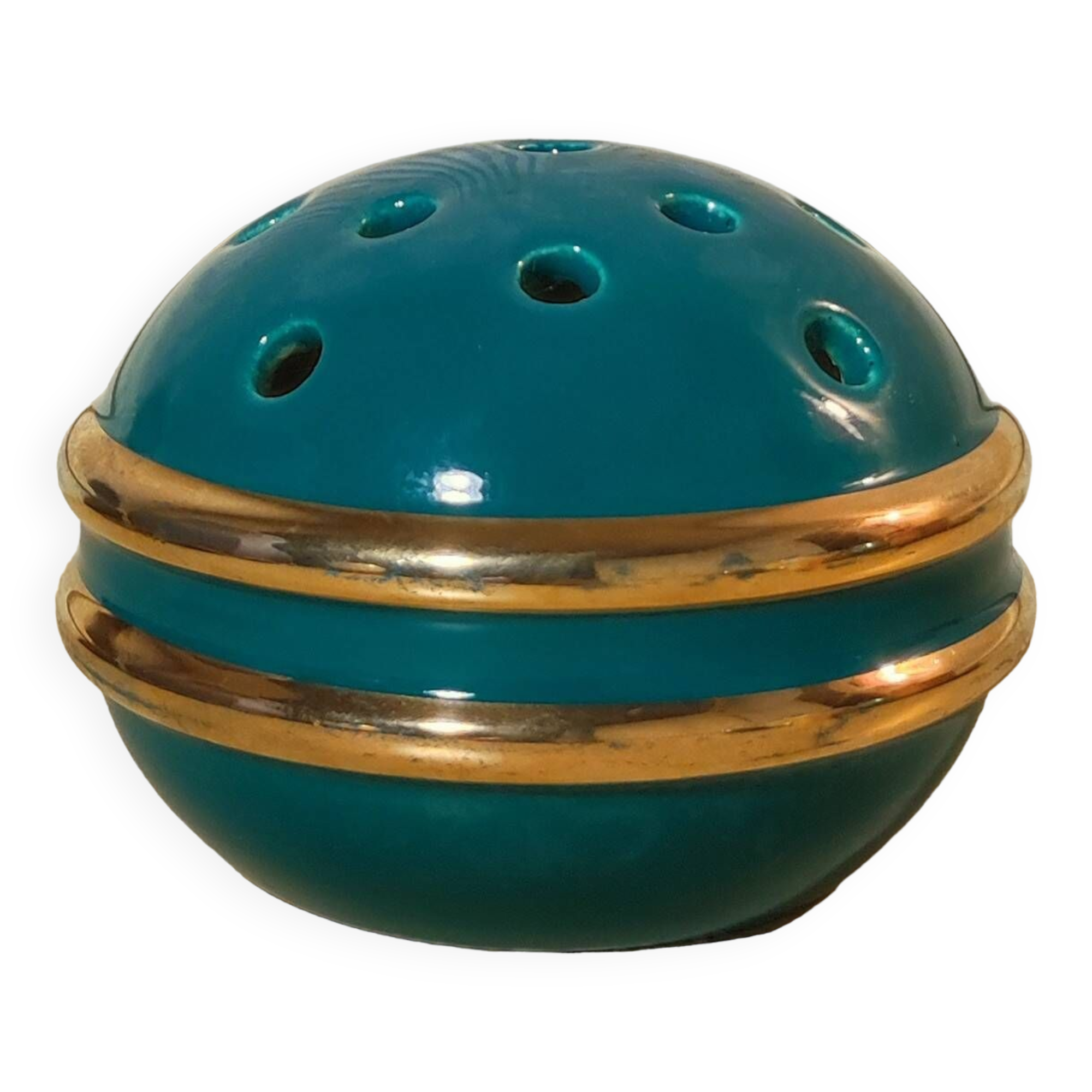 Vase boule pique fleurs Art déco vert & or