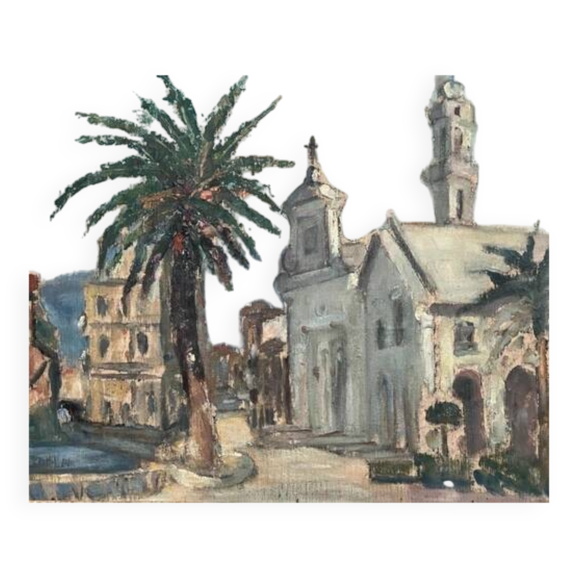 Paysage maritime, vue sur la ville, bâtiment, église, arbre - peinture