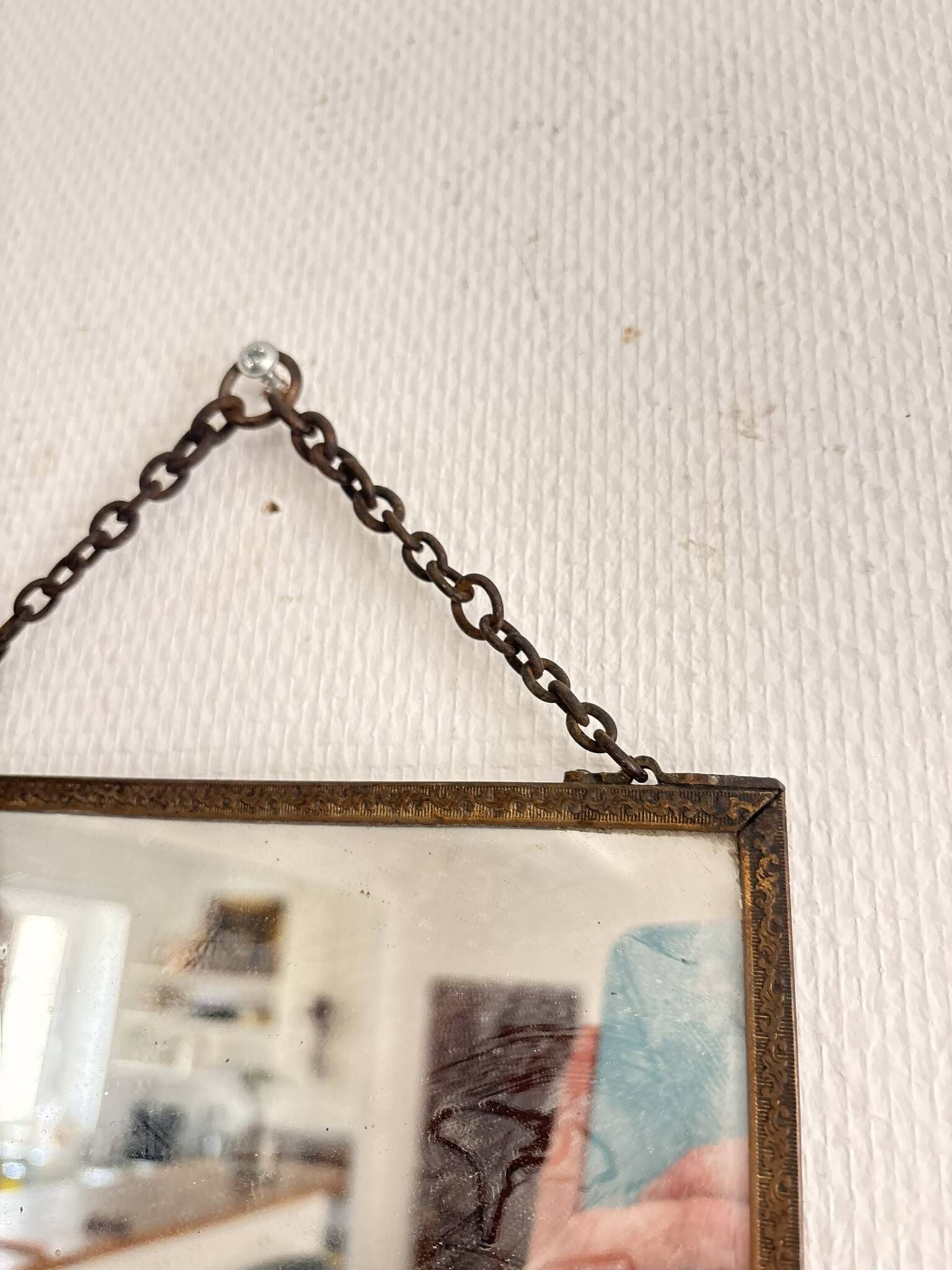 Antique Courteous Mirror Hanging Gallant Scene 19th Century Barber Chainette