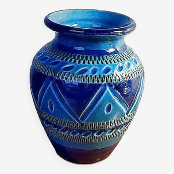 Vase en ceramique de sardaigne a decor bitossi rimini blu, design vintage annee 60/70