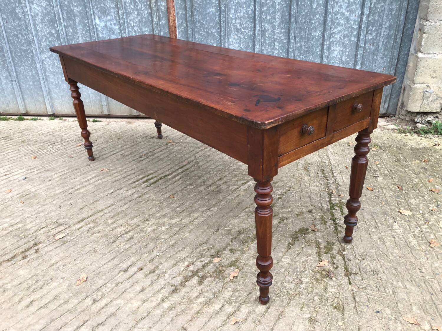 Antique farmhouse table in solid cherry wood with 4 drawers