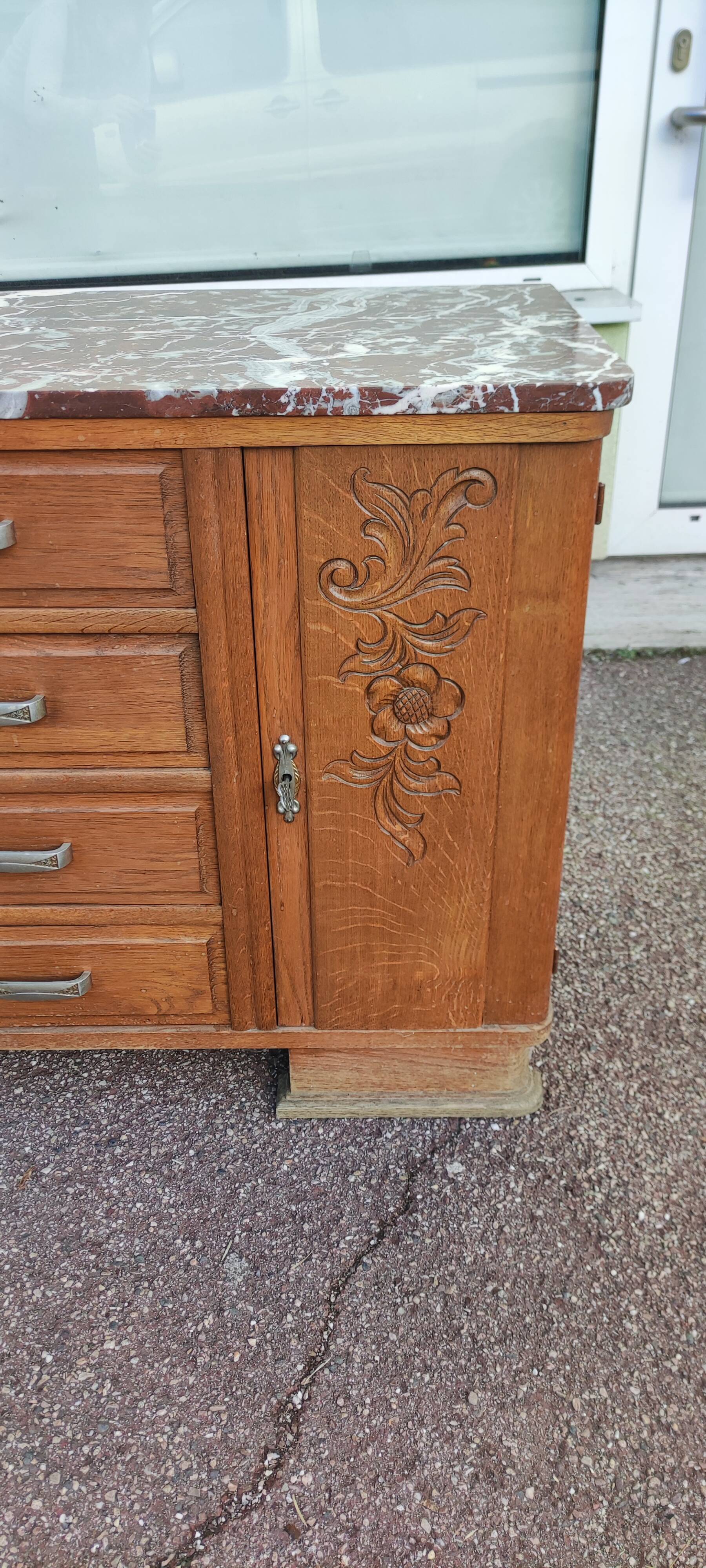 Small Buffet Commode Solid wood 4 drawer - Red marble - 1950