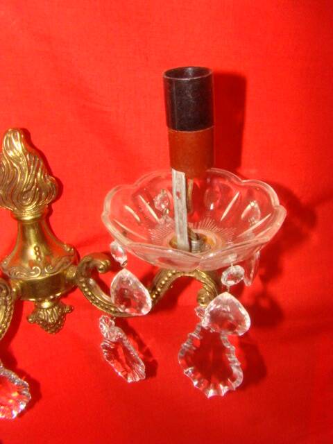 pair of bronze and crystal wall lights with 2 arms