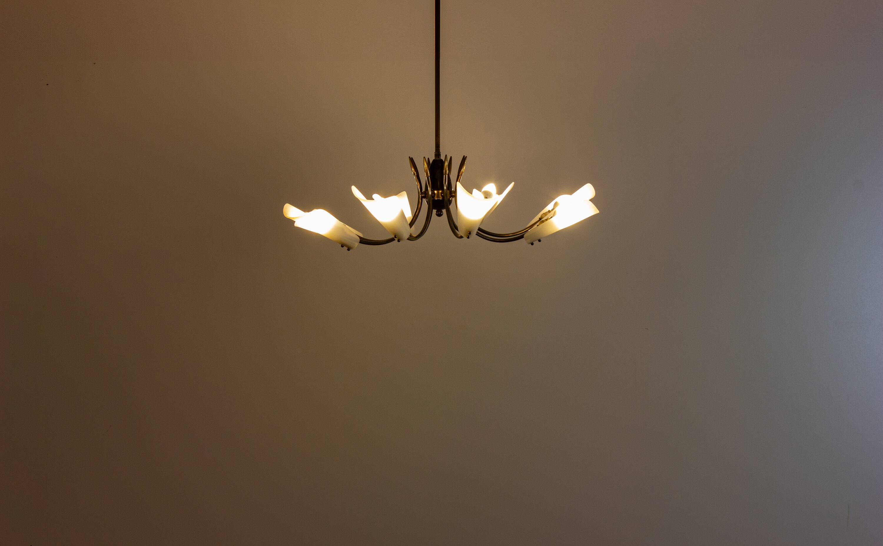 Vintage Italian radial spider chandelier with frosted shades, 1970s