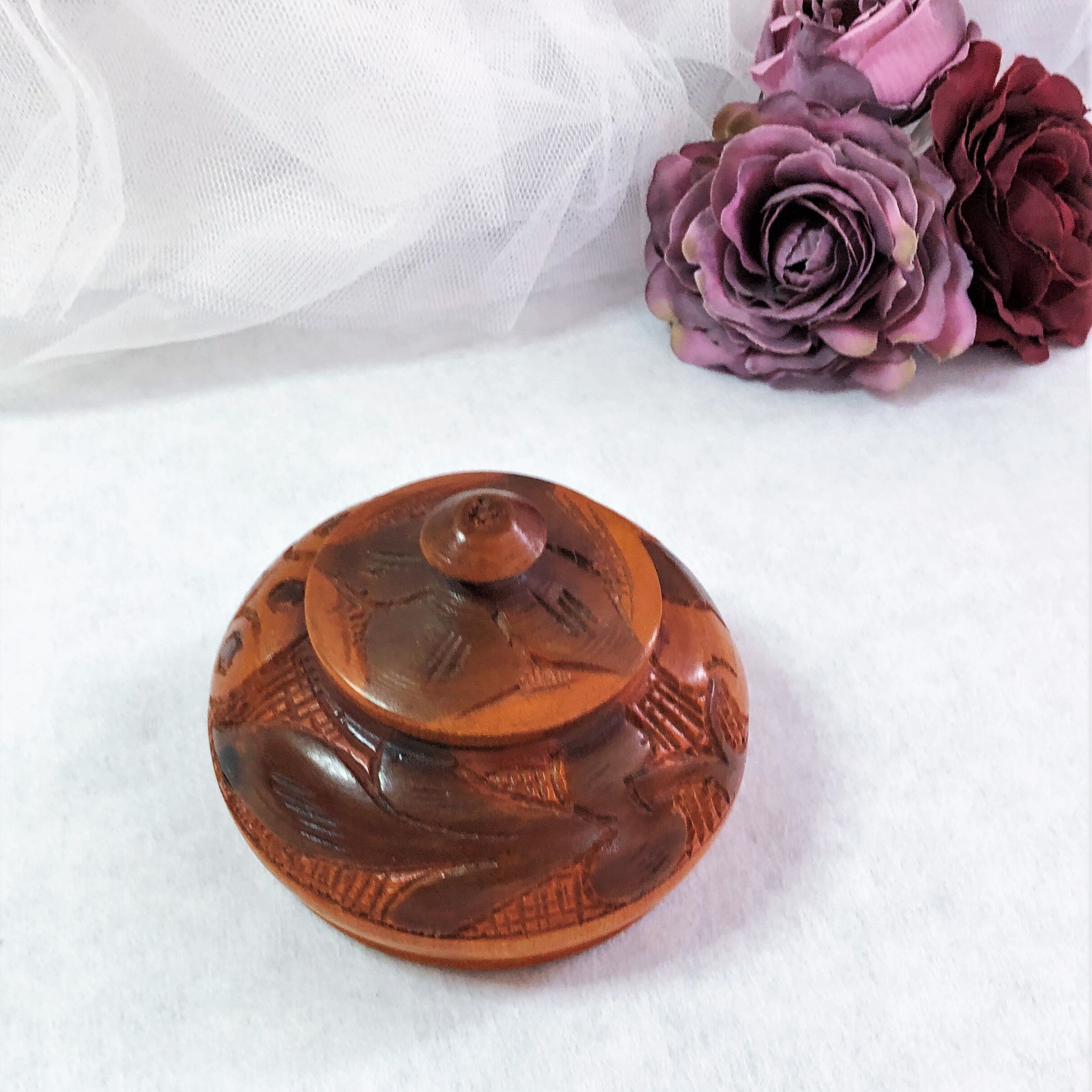 Handmade wooden box brown copper polychrome vintage