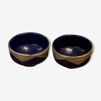 Deux bols orientaux artisanaux céramique bleue et étain vintage