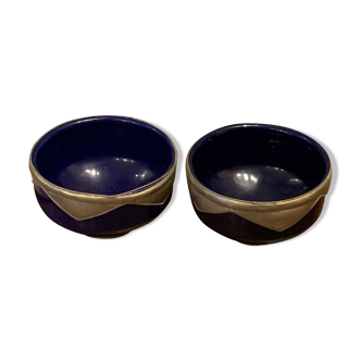 Two artisan oriental bowls ceramic blue and vintage tin