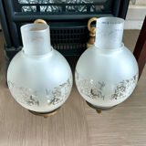 Paire d’appliques murales vintage en laiton et verre dépoli gravé