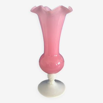 Vintage pink and white opaline vase with tulip neck