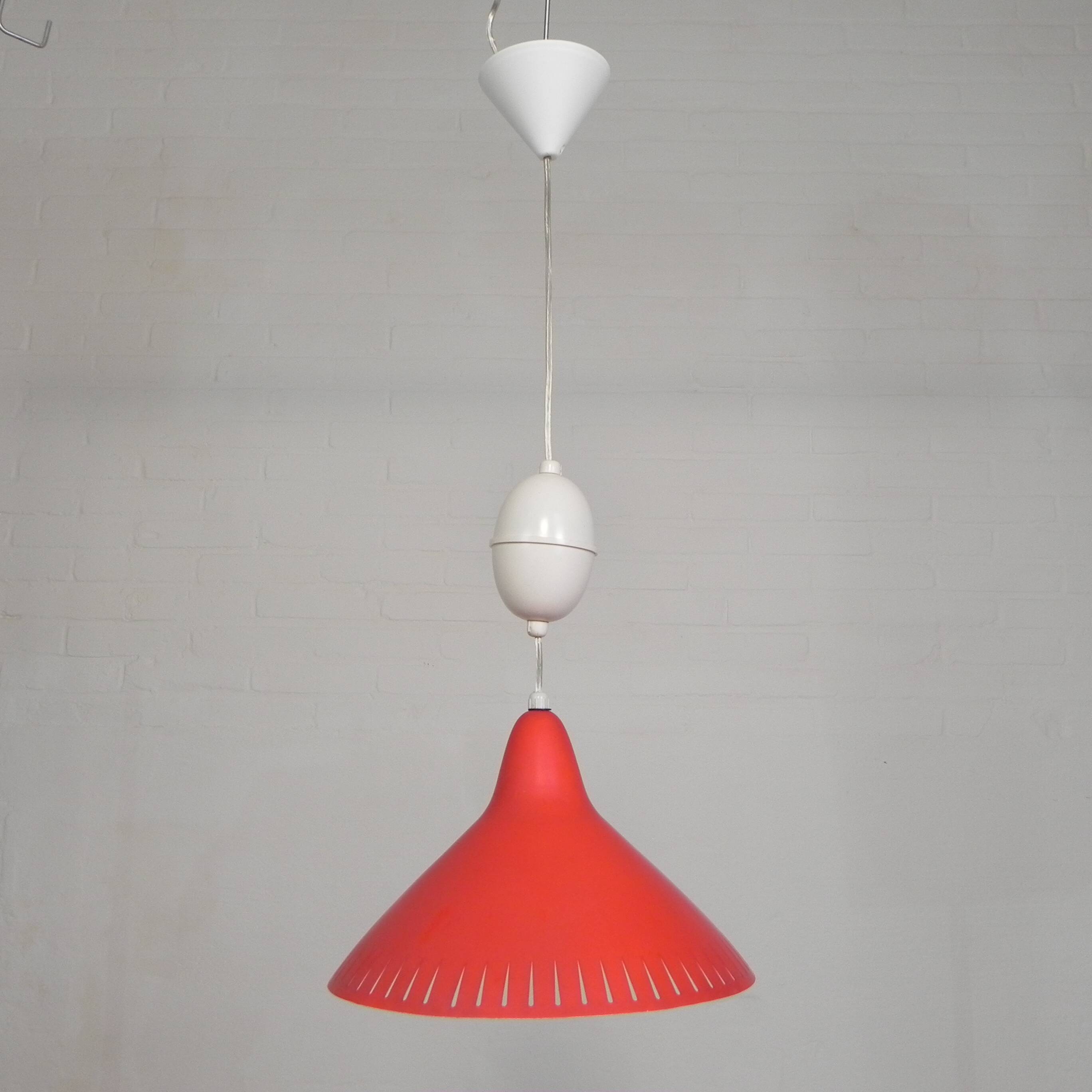 Hala suspension by H. Busquet with red shade and winding system, 1950s.