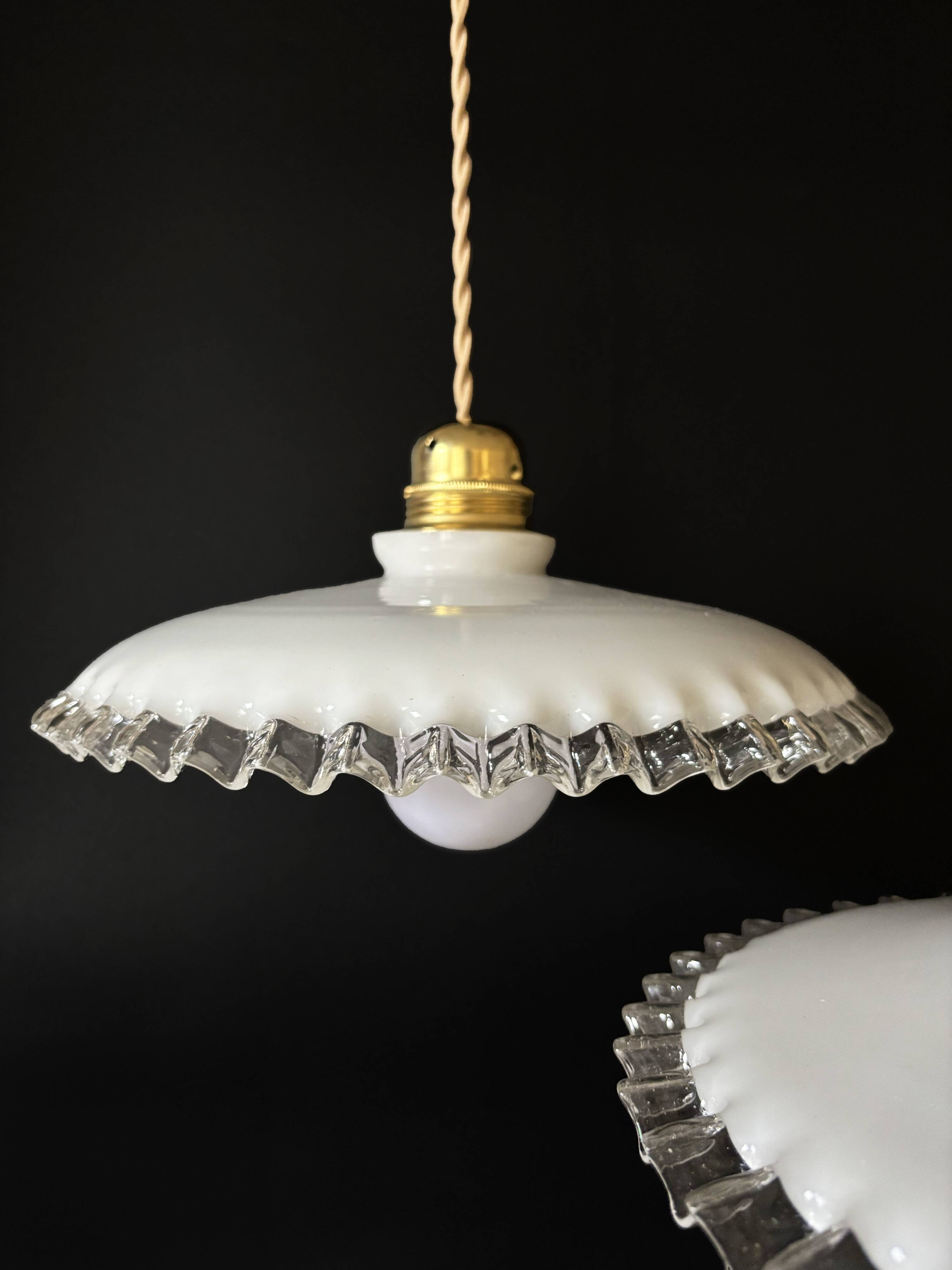 Set of 3 vintage white opaline pendants, including 2 scalloped and 1 lily.