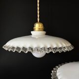 Set of 3 vintage white opaline pendants, including 2 scalloped and 1 lily.