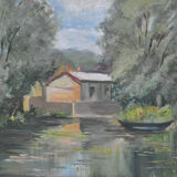 Painting painting landscape countryside river pond lake boat boat