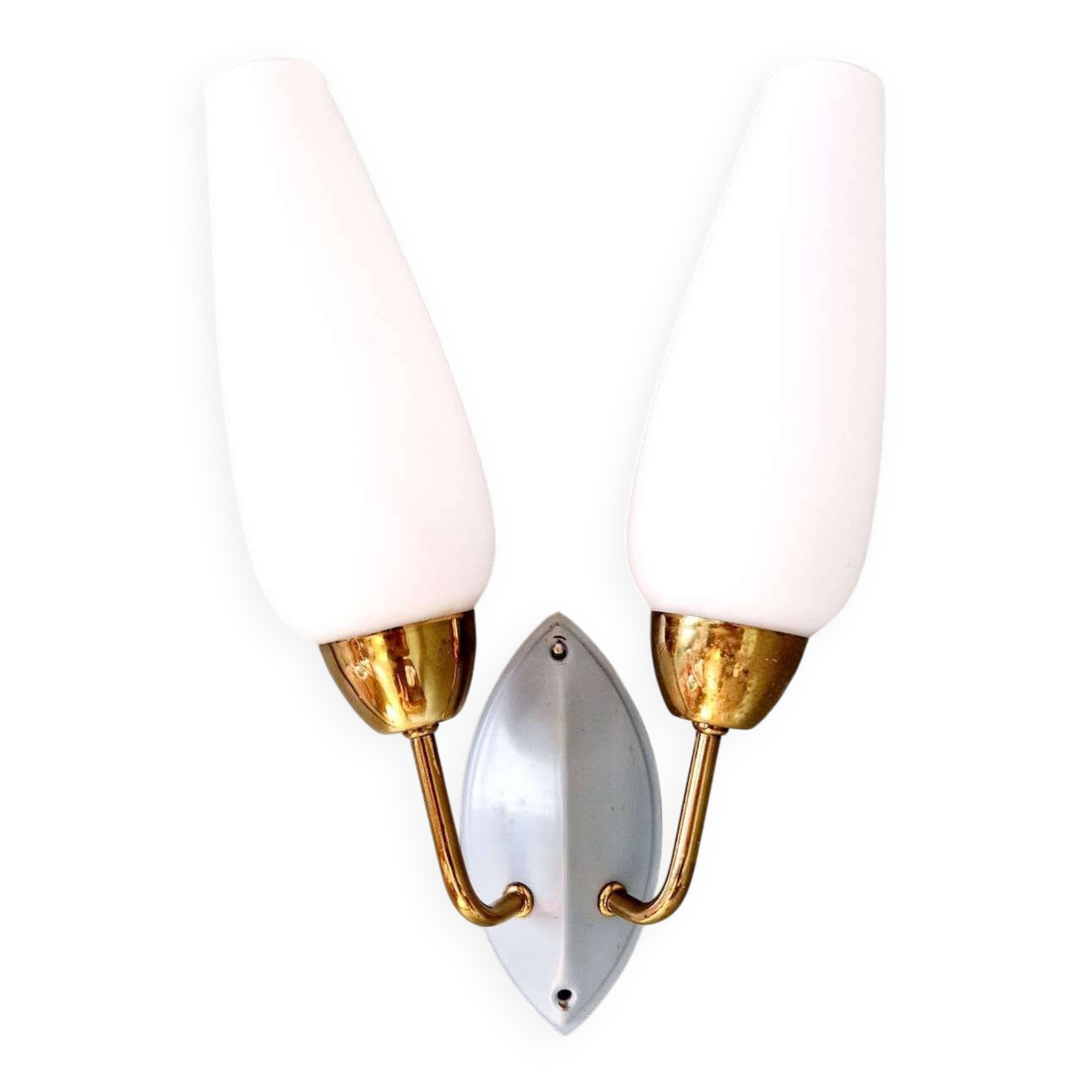 Applique murale double vintage en laiton et opaline blanche, années 1950-60