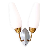 Applique murale double vintage en laiton et opaline blanche, années 1950-60