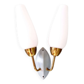 Vintage double wall light in brass and white opaline, 1950s-60s