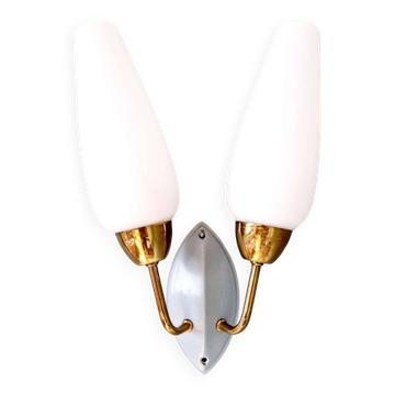 Vintage double wall light in brass and white opaline, 1950s-60s