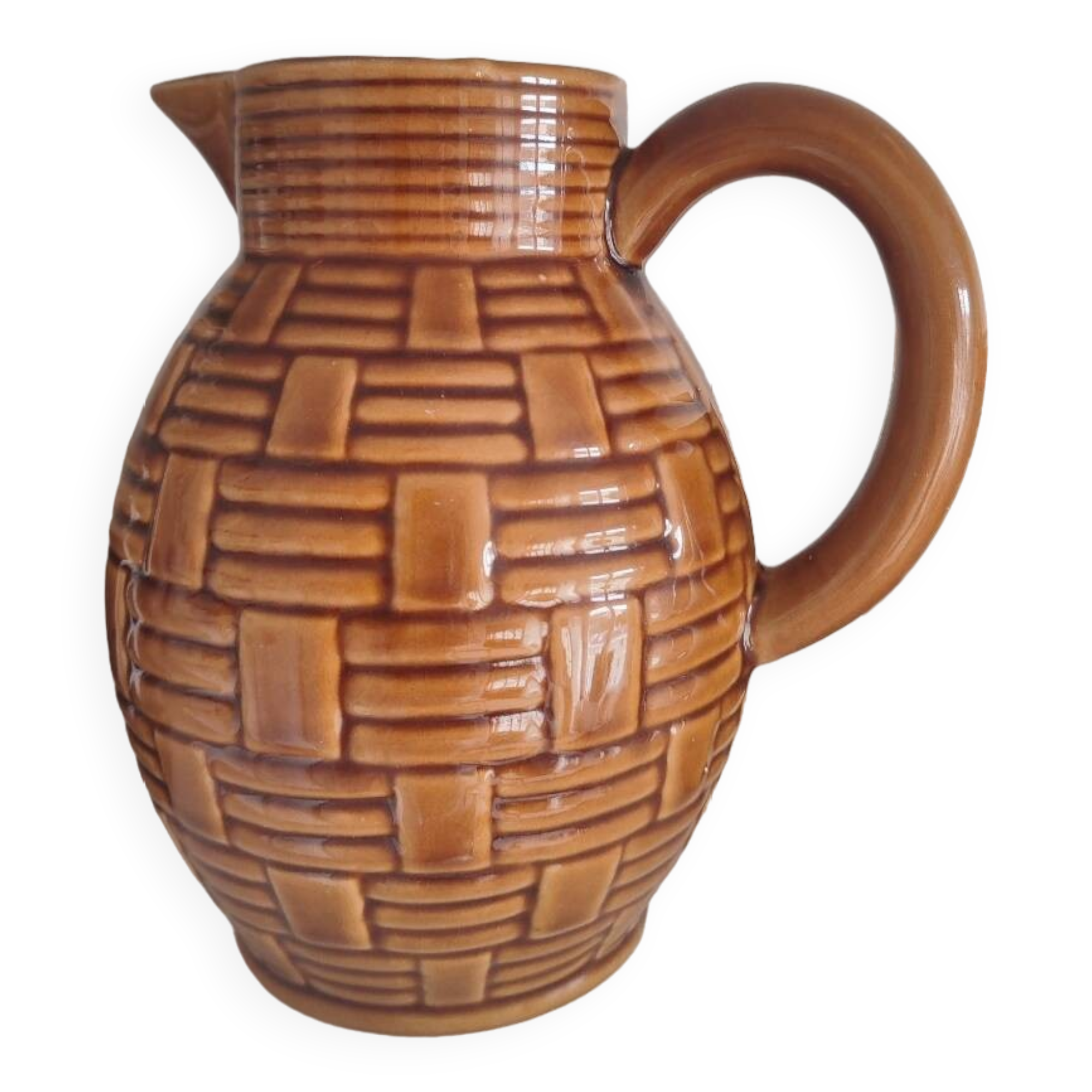 Caramel brown pitcher in glazed ceramic with barbotine finish from the 60s