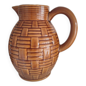 Caramel brown pitcher in glazed ceramic with barbotine finish from the 60s