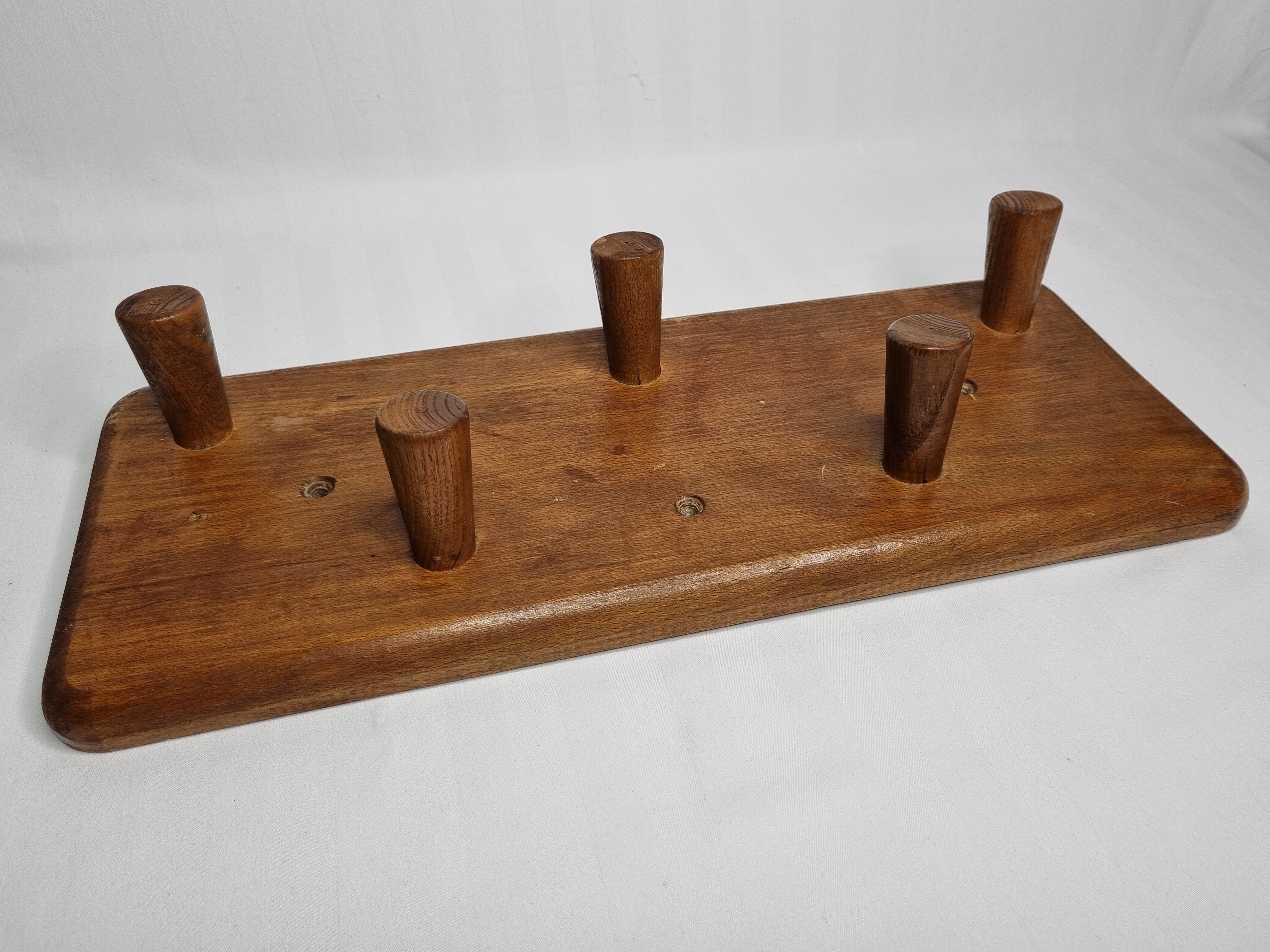Coat rack with five hooks in natural wood, design, 60s, 50 cm