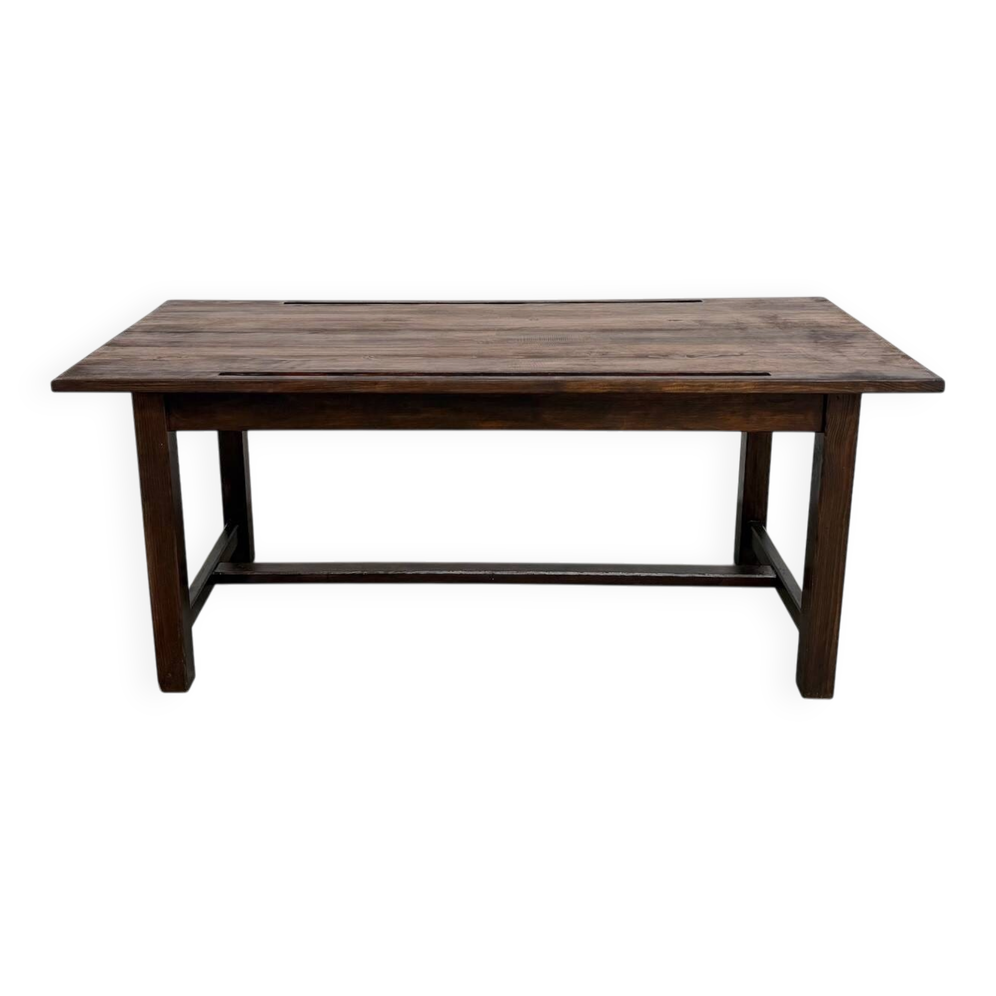Solid pine work table, grooved top, satin brown finish, year