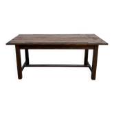 Table de métier en pin massif, plateau rainuré, finition brun satiné, année
