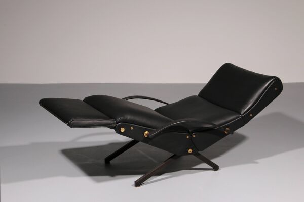 Fauteuil relax réglable en cuir noir italien P40 par Osvaldo Borsani Tecno.