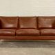 Vintage danish stouby dark cognac leather and rose stained beechwood frame 3 seater sofa