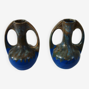 Pair of porcelain stoneware vases with flamed effect, signed Alphonse Mouton, 1960s