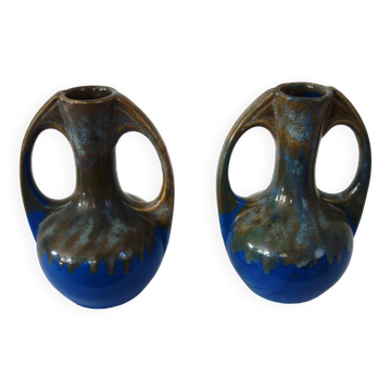 Pair of porcelain stoneware vases with flamed effect, signed Alphonse Mouton, 1960s