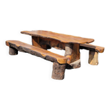 20th Century Folk Art: Brutalist Solid Wood Table with 2 Benches