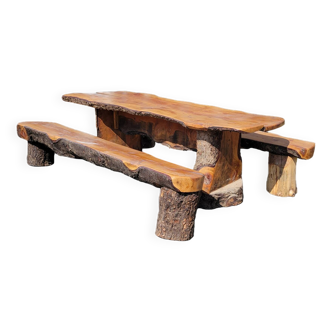20th Century Folk Art: Brutalist Solid Wood Table with 2 Benches