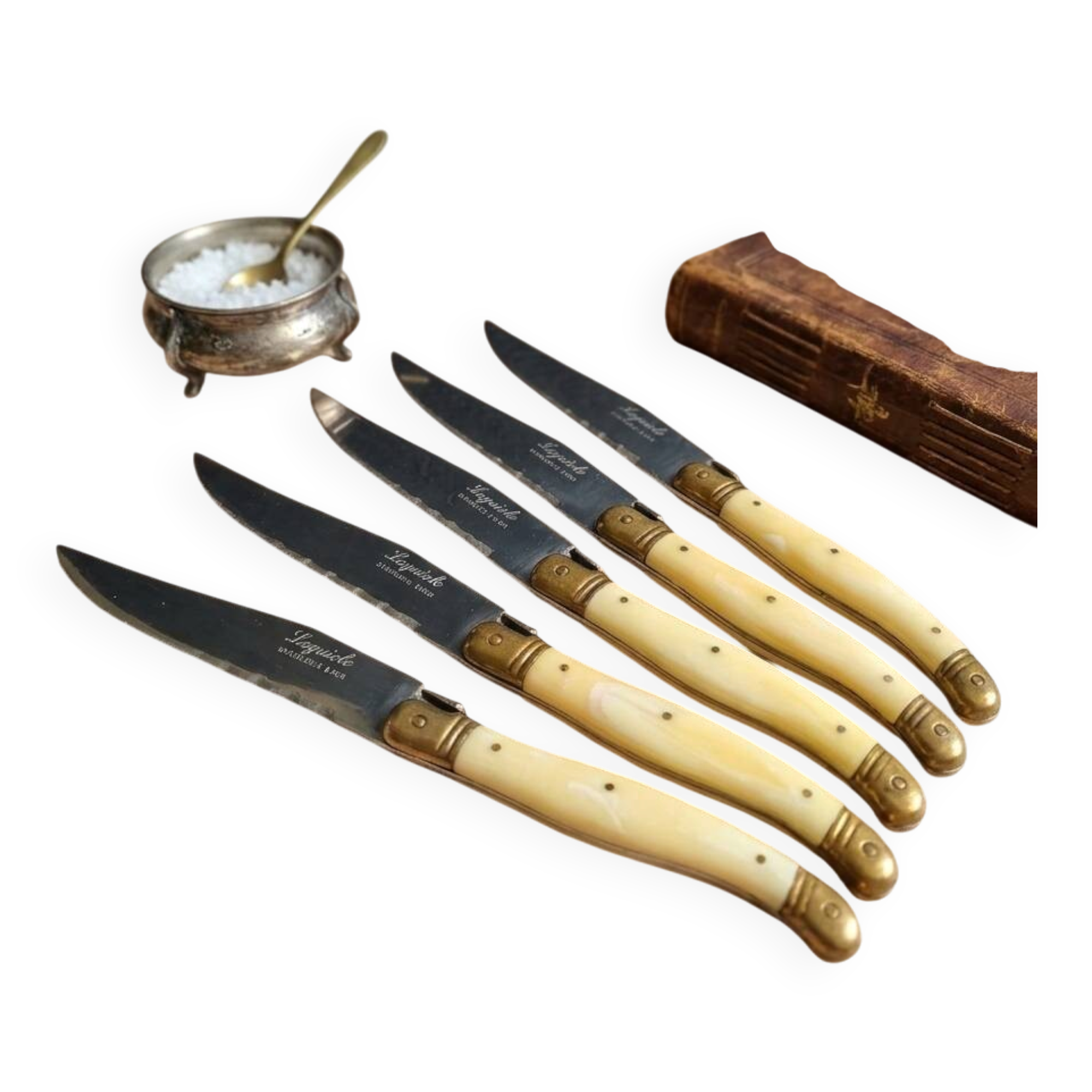 Vintage Box 6 Laguiole Table Knives Ivory Handles Gold Bolsters