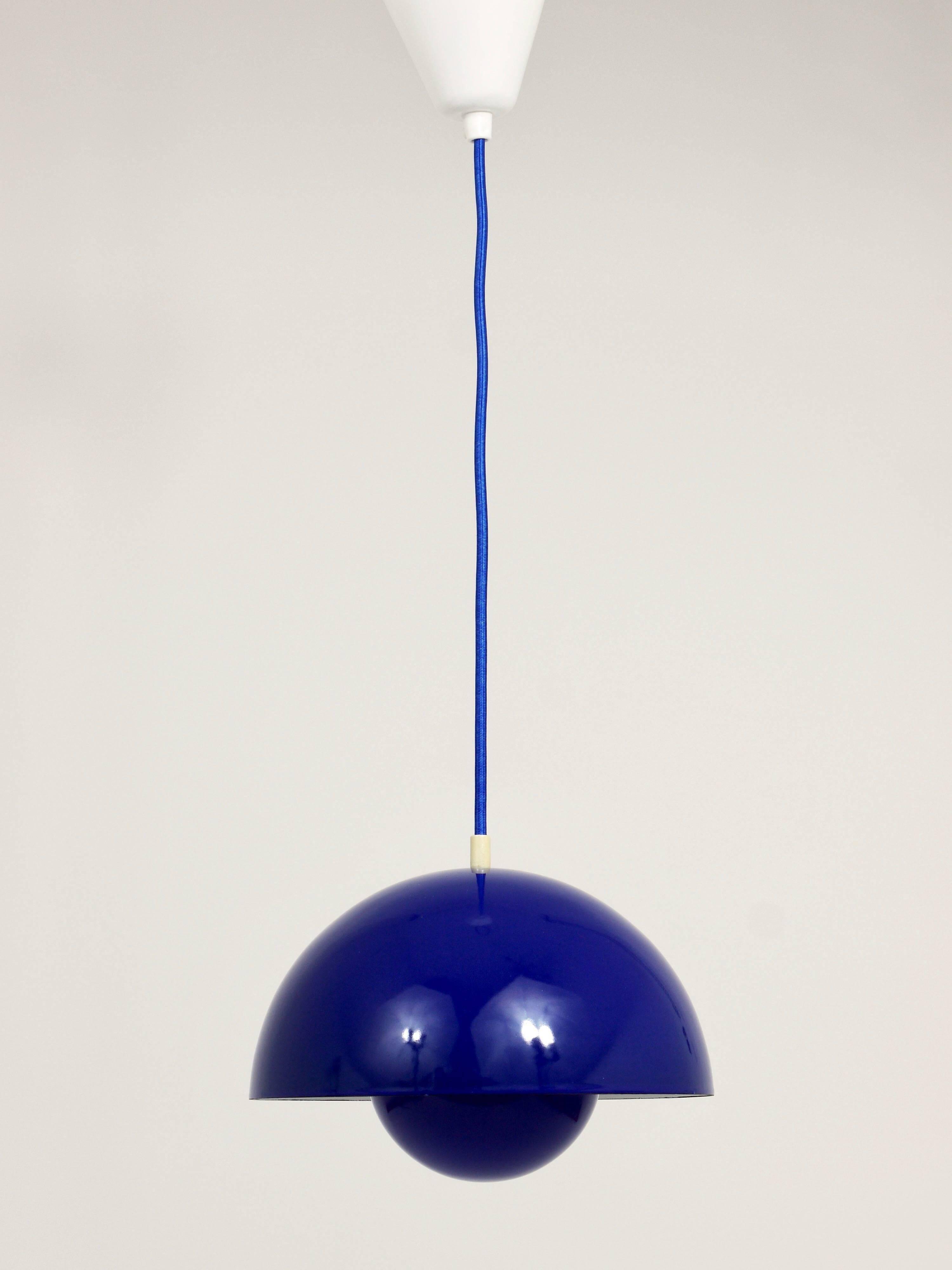 Blue enamelled suspension flowerpot by Verner Panton for Louis Poulsen, Denmark, 1969.