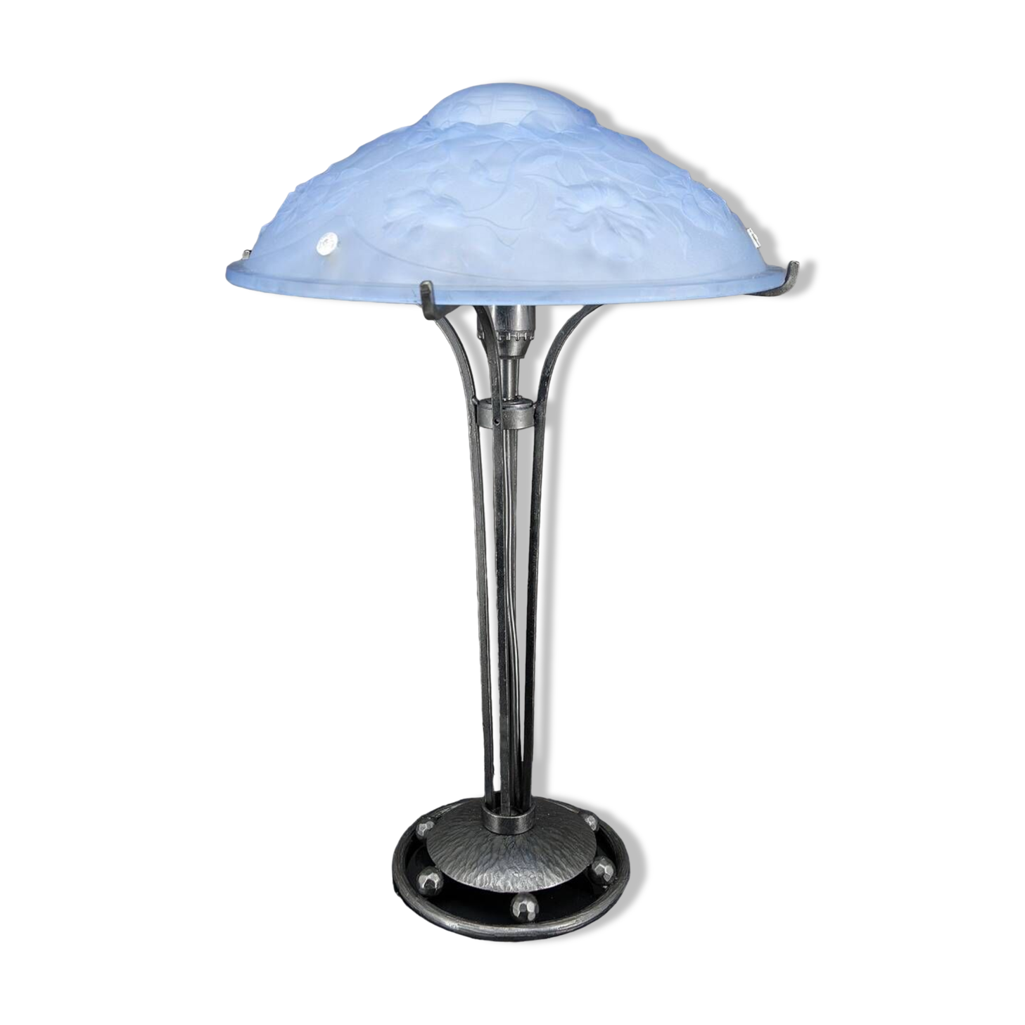 Wrought iron lamp and blue glass lampshade with clematis, France, Art Deco, circa 1920