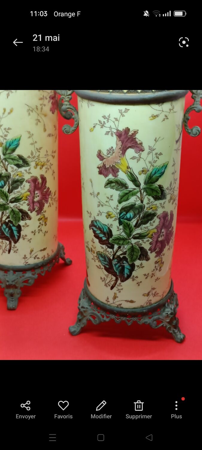 Pair of vases, bronze frame, Lunéville earthenware