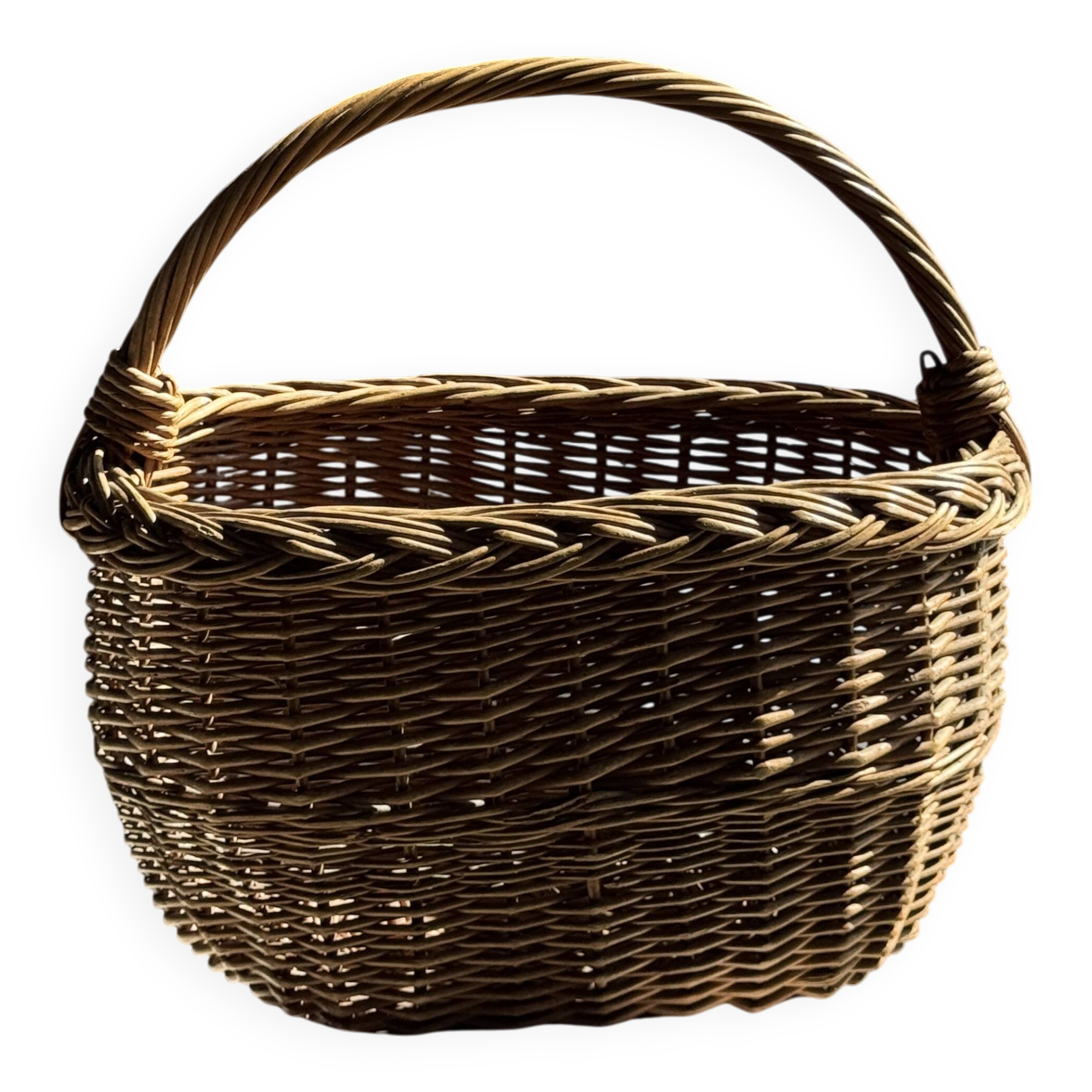 Large antique woven wicker basket with handle H45 L43 D25