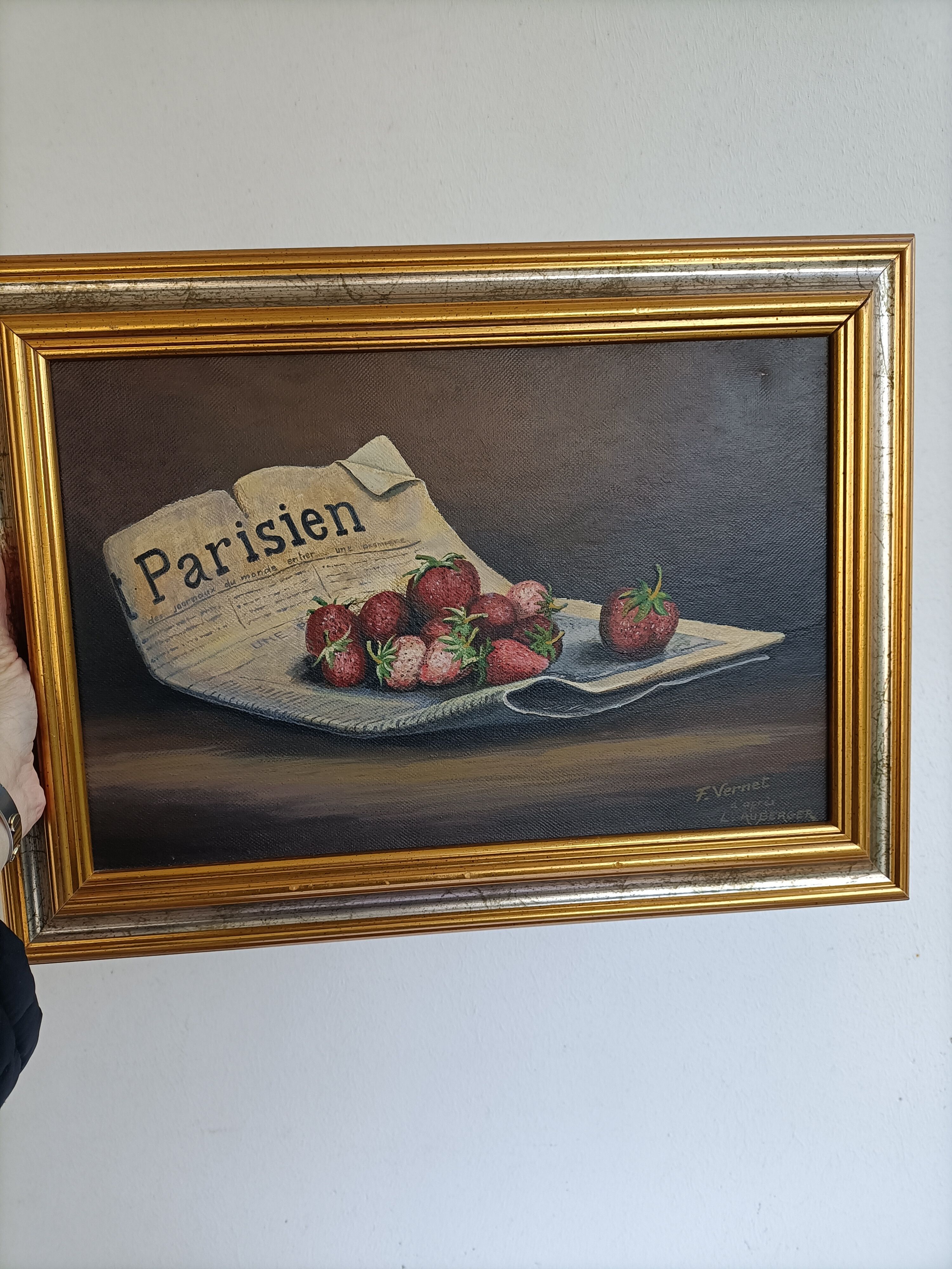 Old painting still life strawberries and diary of F. Vernet