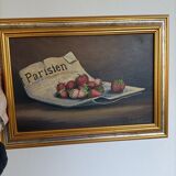 Old painting still life strawberries and diary of F. Vernet