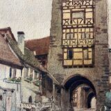 Tableau aquarelle Riquewir, Alsace en 1930 signée